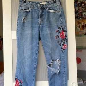Flower embroidered denim blue jeans